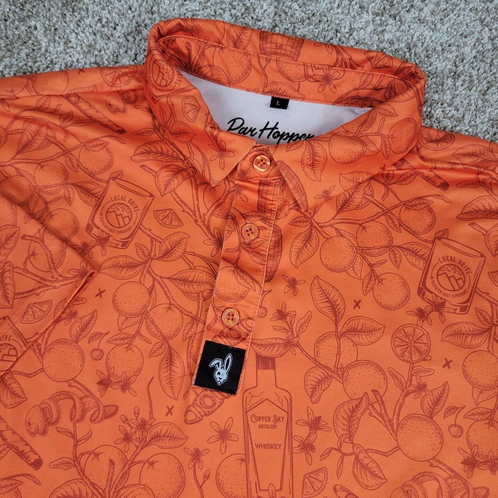 Par Hopper Mens Large Orange AOP Whiskey Cigar Performance Stretch Golf Polo
